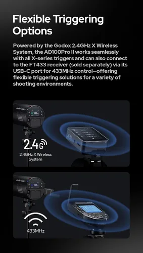 Vista 4 de Godox AD100 Pro II AD100Pro II AD100ProII Flash Strobe, 2.4GHz X System+433Mhz Module/2850mAh Batería/2W LED/10 niveles de brillo/490 Pops