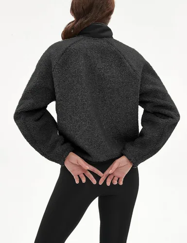 Vista 6 de APAFES Chaqueta corta de forro polar Sherpa para mujer, abrigada con botones, abrigos, con bolsillos