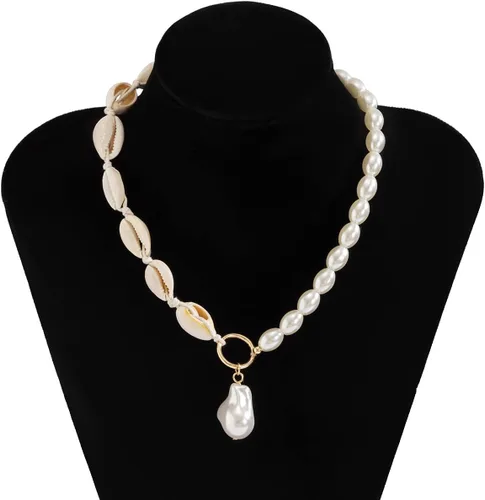 Vista 6 de Rumtock Delicada gargantilla ovalada de perlas con cuentas de concha de mar, collar de oro con colgante de perlas barrocas para mujeres y niñas