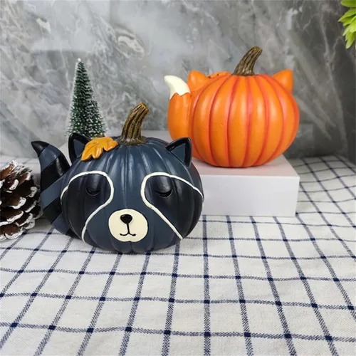 Vista 4 de BULINGNA Estatua de calabaza de animales de dibujos animados, escultura de resina pequeña, adorno de escritorio, decoración del hogar, Halloween