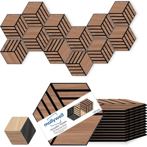 Vista 11 de Mollywell Paneles acústicos, grano de madera de PVC, azulejos de pared tallados en hexágono a prueba de sonido, fieltro autoadhesivo de alta