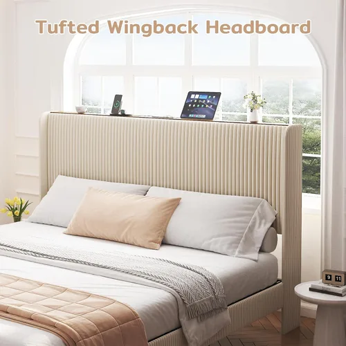 Vista 3 de Zevemomo Base de cama de terciopelo de tamaño matrimonial con cabecera tapizada, cabecera de almacenamiento de terciopelo copetudo, marcos de cama