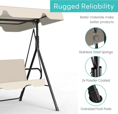 Vista 5 de Murago - Silla de columpio para patio al aire libre con dosel ajustable, columpio para patio al aire libre con soporte resistente para 3 personas
