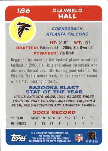 Vista 2 de 2004 Topps Bazooka #186 DeAngelo Hall RC NFL Football Trading Card