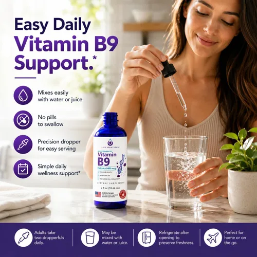 Vista 3 de Life Solutions - Gotas líquidas de vitamina B9, ácido fólico 400 mcg, 2 onzas líquidas 400 mcg de ácido fólico por porción en convenientes gotas