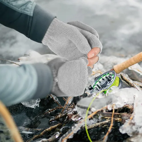 Vista 5 de Achiou Guantes de invierno sin dedos para hombres y mujeres, guantes convertibles cálidos de medio dedo con tapa abatible, guantes de punto de concha