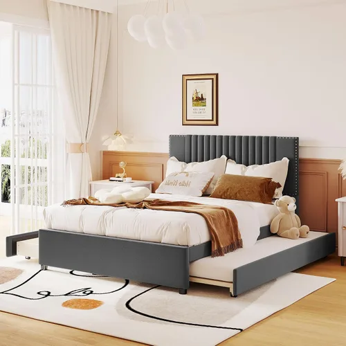 Vista 10 de MERITLINE Base de cama de tamaño matrimonial de madera con nido y cajones de almacenamiento, plataforma tapizada con cabecera y soporte de listones