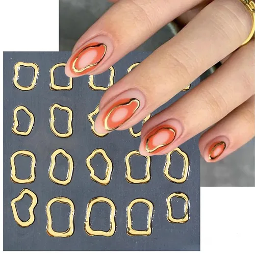 Vista 3 de 6 hojas de calcomanías de arte de uñas en relieve dorado 5D, marco geométrico irregular, diseño de calcomanías huecas para uñas, autoadhesivas
