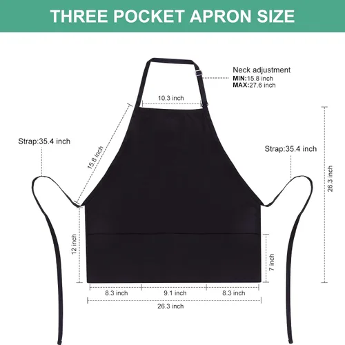 Vista 6 de Jubatus Paquete de 2 delantales ajustables con 3 bolsillos, delantales de cocina para chef, para mujeres y hombres, color negro