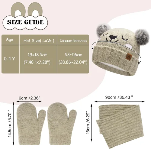 Vista 5 de Conjunto de gorro de invierno para niños y niñas de 0, 6, 12 meses, 1, 2, 3, 4-8 años