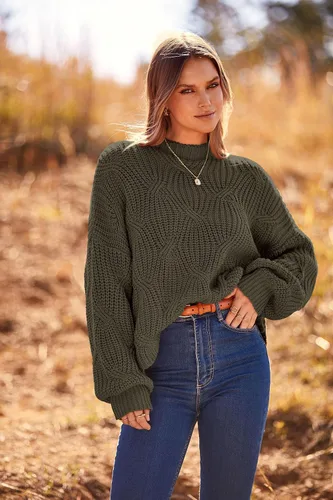 Vista 3 de PRETTYGARDEN Suéteres de otoño de gran tamaño para mujer, estilo casual, cuello redondo, manga larga, tejido trenzado grueso, blusa