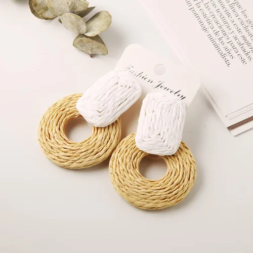 Vista 3 de STWTR Pendientes para mujer, con cordón de rafia, trenzados a mano, redondos, bohemios, geométricos