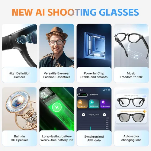 Vista 9 de PUSOKEI Lentes de cámara de 2 MP, lentes inteligentes con traductor AI con aplicación, gafas de sol de audio con cámara, traducción de 11 idiomas