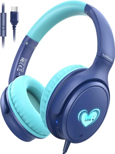 Vista 8 de Auriculares para niños con cable con micrófono HD, auriculares USB C Rosa
