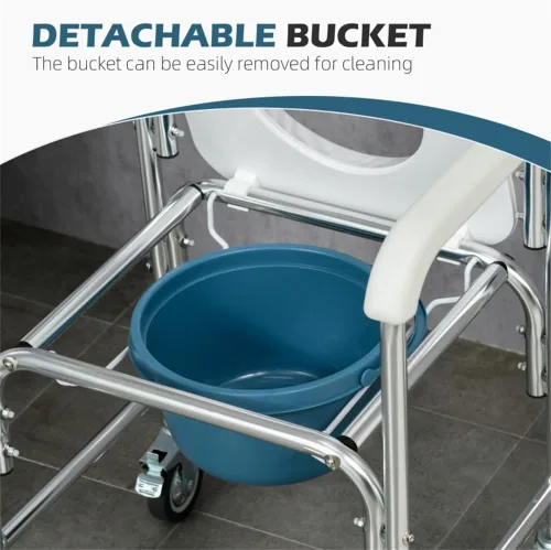 Vista 6 de Silla de cama 4 en 1, silla de ruedas para ducha, silla de transporte portátil con brazos y 4 frenos, inodoro portátil para adultos, personas