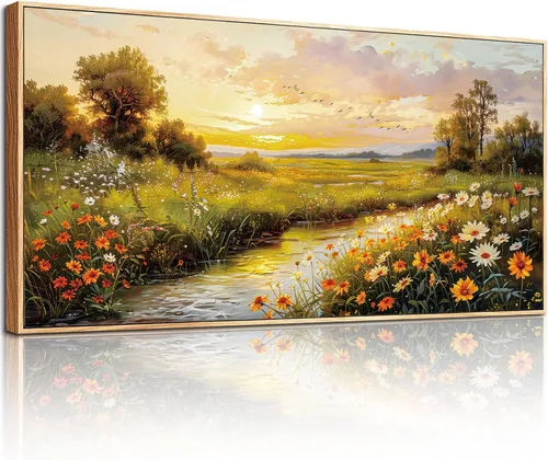 Vista 9 de crmotu Arte de pared de paisaje grande, arte de pared de flores, decoración de pared floral, arte de campo de margaritas para paredes, pinturas