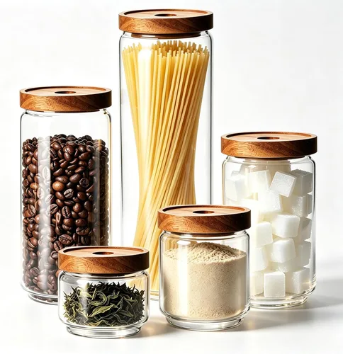Vista 8 de Tarros de vidrio con tapas de madera herméticas – Mini recipientes de almacenamiento de despensa de cocina de 11 onzas, recipientes decorativos