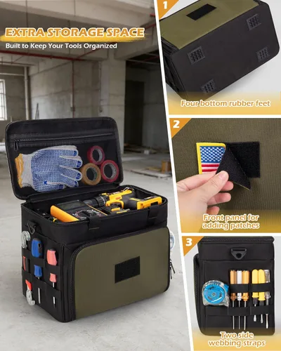 Vista 3 de Marscamd Bolsa de herramientas portátil de 2 capas con 3 estuches removibles transparentes, bolsa de herramientas resistente con cinta Molle