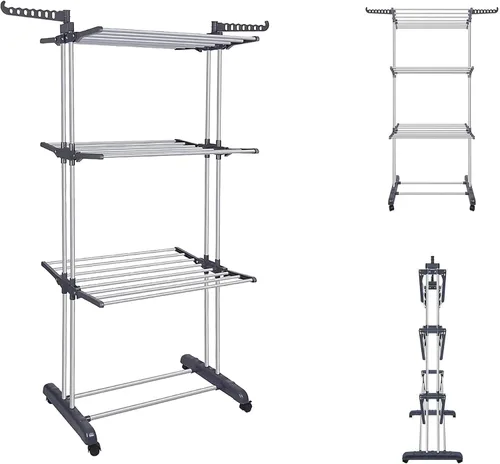 Vista 9 de Tendedero plegable de 3 niveles con ruedas, capacidad de 77 libras, color gris