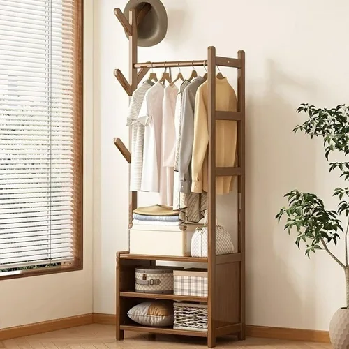 Vista 9 de Perchero de madera para colgar ropa con estantes de almacenamiento para entrada, pasillo, sala de estar
