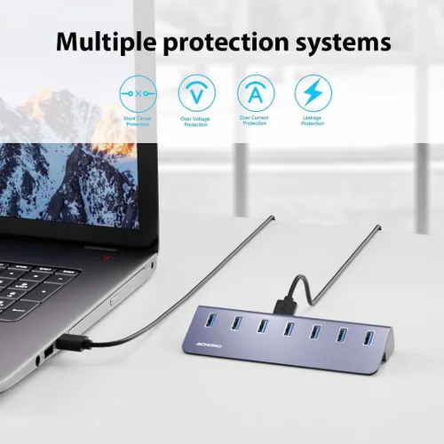 Vista 4 de Hub USB 3.2 Gen 2 alimentado de 10 Gbps, expansor USB de aluminio de 7 puertos con USB-A y USB-C para computadora, Mac, PC, teléfono inteligente