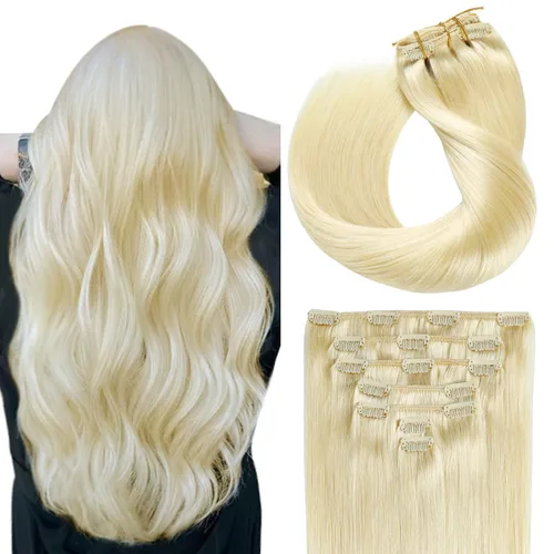 Vista 7 de SUYYA Extensiones de cabello humano real con pinzas, 7 piezas de extensiones de cabello humano Remy liso con clip, para mujer, doble trama, 12 #1