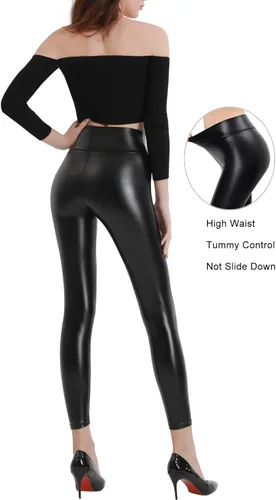 Vista 4 de Leggings de piel sintética para mujer con cintura alta y elásticos color negro