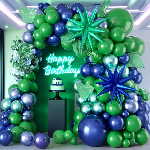 Vista 5 de Kit de arco de globos azules y verdes, kit de arco de guirnalda de globos azul marino y verde oscuro con globos de papel de aluminio de estrella 4D