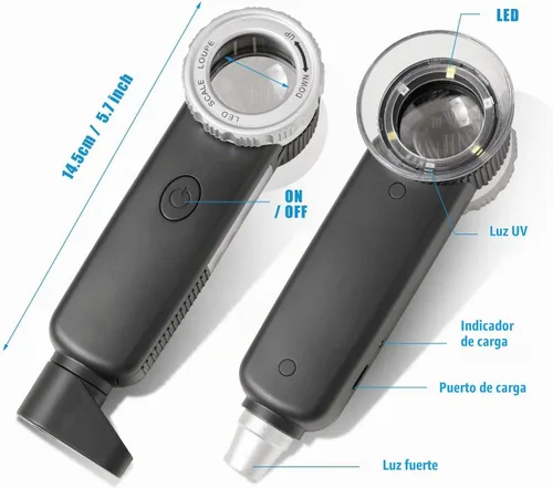 Vista 2 de Lupa de joyería 30X con 7 luces, lupa de mano plegable recargable por USB con linterna de evaluación de jade para evaluación de joyas, monedas