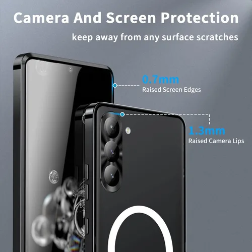 Vista 6 de Funda de metal para Galaxy S23 compatible con MagSafe Wireless Chager a prueba de golpes, bloqueo de seguridad de parachoques de metal esmerilado