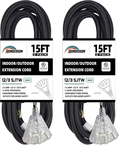 Vista 45 de Cable de extensión GFCI iluminado de 3 pies con 3 tomas de corriente, cable de extensión negro resistente SJTW 12/3 con enchufe a tierra de 3