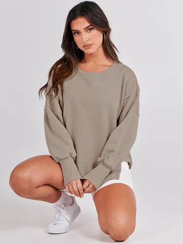 Vista 4 de ANRABESS Sudadera de gran tamaño para mujer, cuello redondo, manga larga, casual, con abertura, sin botones, ropa de otoño