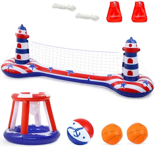 Vista 2 de EagleStone Juego de flotador inflable para piscina con red de voleibol y aro de baloncesto, juegos acuáticos flotantes 2 en 1 para niños y adultos