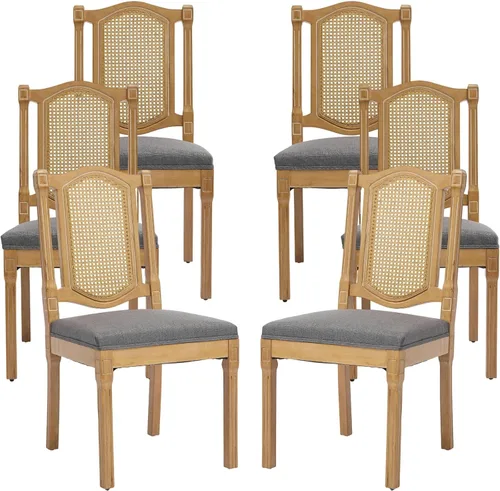 Vista 23 de ODUSE-DAILY Juego de 2 sillas de comedor French Country color beige, sillas de comedor de madera bohemia con respaldo tejido y asiento tapizado