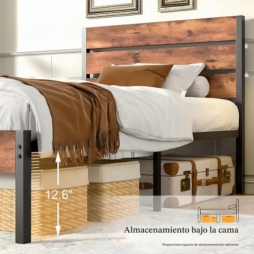 Vista 6 de VECELO Base de cama tamaño individual, plataforma de metal resistente con cabecera de madera, no necesita somier, color marrón antiguo