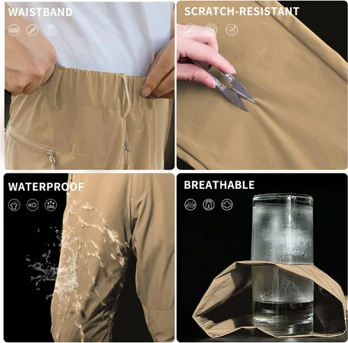 Vista 4 de NOUKOW Pantalones de senderismo para hombre, de secado rápido, ligeros, impermeables, elásticos, 6 bolsillos con cremallera y cinturón