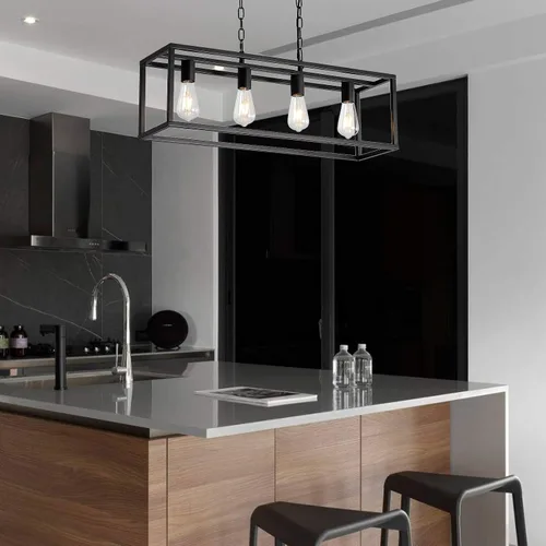 Vista 2 de Candelabros modernos, rectangular, color negro, 4 luces, accesorios de iluminación colgantes, jaula de isla de cocina, colgante lineal, lámpara