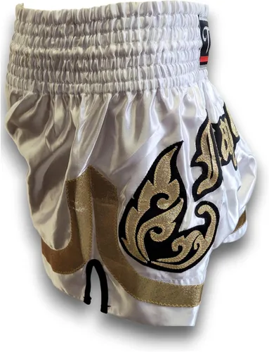 Vista 5 de MMA Boxeo Muay Thai Shorts en satén blanco negro oro corte letras