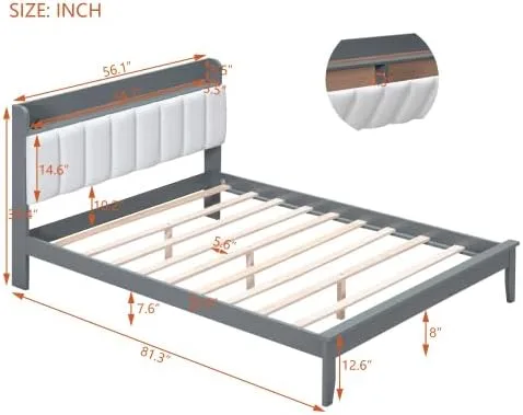 Vista 2 de Moderna base de cama LED de tamaño matrimonial con estación de carga, plataforma de madera con cabecera tapizada de almacenamiento, cama matrimonial