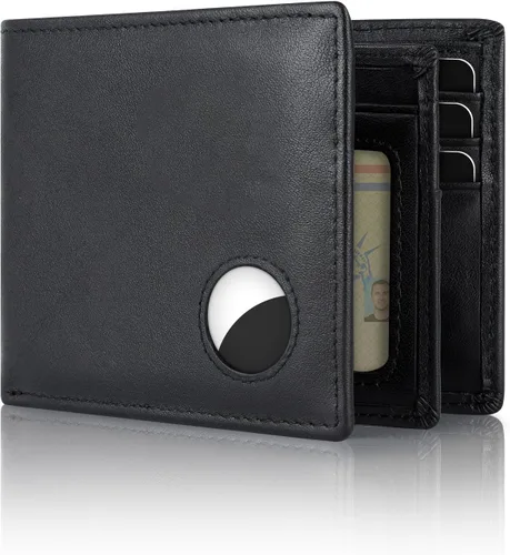 Vista 48 de Swallowmall AirTag Billetera para hombre con bloqueo RFID, de piel auténtica, plegable, para AirTag con 1 ventana de identificación, 13 tarjeteros