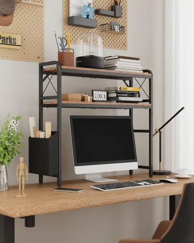 Vista 2 de Estantes de escritorio, soporte para monitor con estantes ajustables y bolsillos laterales, organizador de estantería de escritorio de 2 niveles