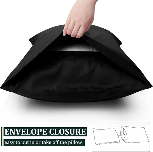 Vista 6 de PiccoCasa Fundas de almohada negras tamaño Queen, fundas de almohada suaves de 100% algodón con cierre de sobre, 20 x 30 pulgadas, fundas