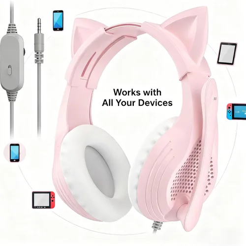 Vista 6 de GIME Pink Gaming Headset - Cute Cat Ears Wired Over Ear Headphones with Mic - Compatible with Xbox/PS4/ PS5/ PC Computer/Laptop/Phone