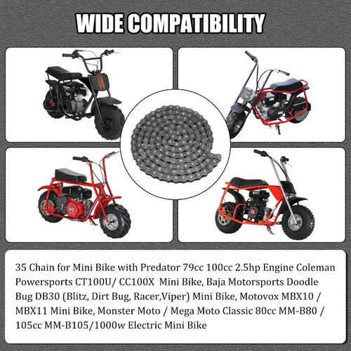 Vista 2 de YOXUFA Reemplazo de cadena de transmisión #35 para Mini Bike Coleman CT100U CC100X Baja DB30 Motovox MBX10 MBX11 Monster Moto Mega Moto MM-B80