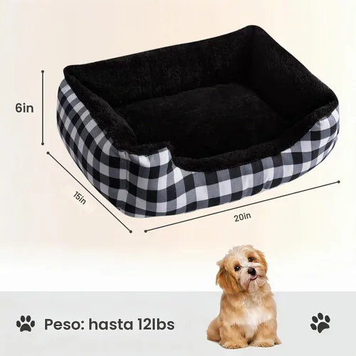 Vista 3 de Hollypet Cama Rectangular de Felpa para Perros y Gatos Autocalentable, Negra con Cuadros A cuandros negros