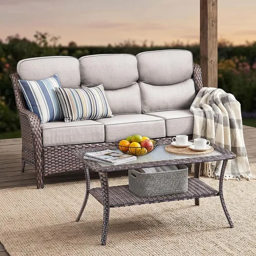 Vista 21 de Sofá de lujo para patio al aire libre, sofá de mimbre resistente para todo tipo de clima, sofá de 3 plazas con asiento profundo y funda extraíble
