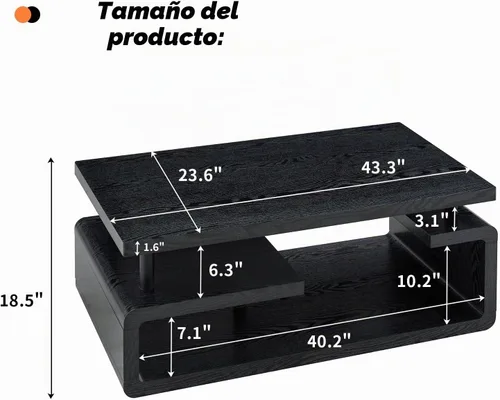 Vista 3 de Mesa auxiliar de 43.3 pulgadas, mesa central moderna de 3 niveles con almacenamiento, mesa de centro grande de madera para sala de estar, oficina