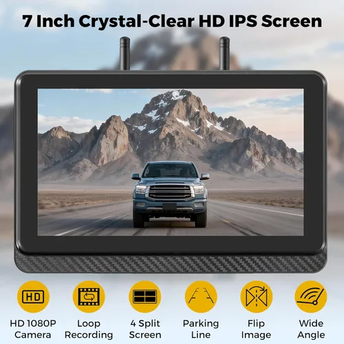 Vista 2 de Cámara de respaldo inalámbrica para camión RV, monitor HD IPS de 7 pulgadas, sistema de cámara inalámbrica digital + visión nocturna IR impermeable