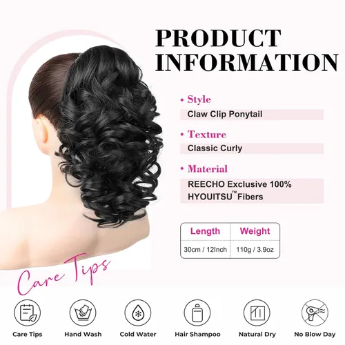 Vista 2 de REECHO Extensión de cola de caballo de 12 pulgadas, pinza de cola de caballo rizada y ondulada clásica para mujeres - Negro