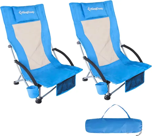 Vista 16 de KingCamp Paquete de 2 sillas de playa ligeras y plegables con respaldo alto con soporte para tazas, bolsa de almohada para acampar al aire libre